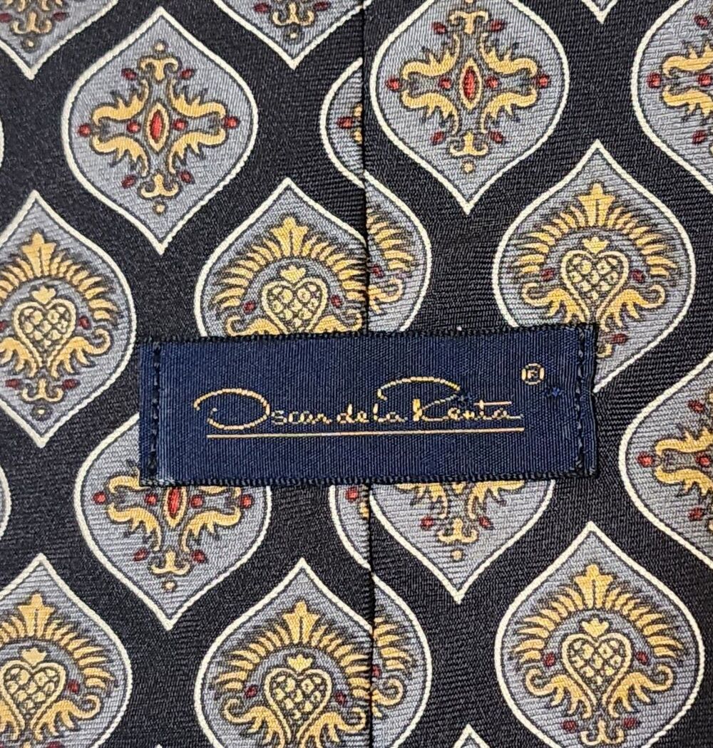 Oscar de la Renta Made in USA Mens Silk Tie 4"x56" Blue Grey Yellow Medallion - Picture 4 of 6